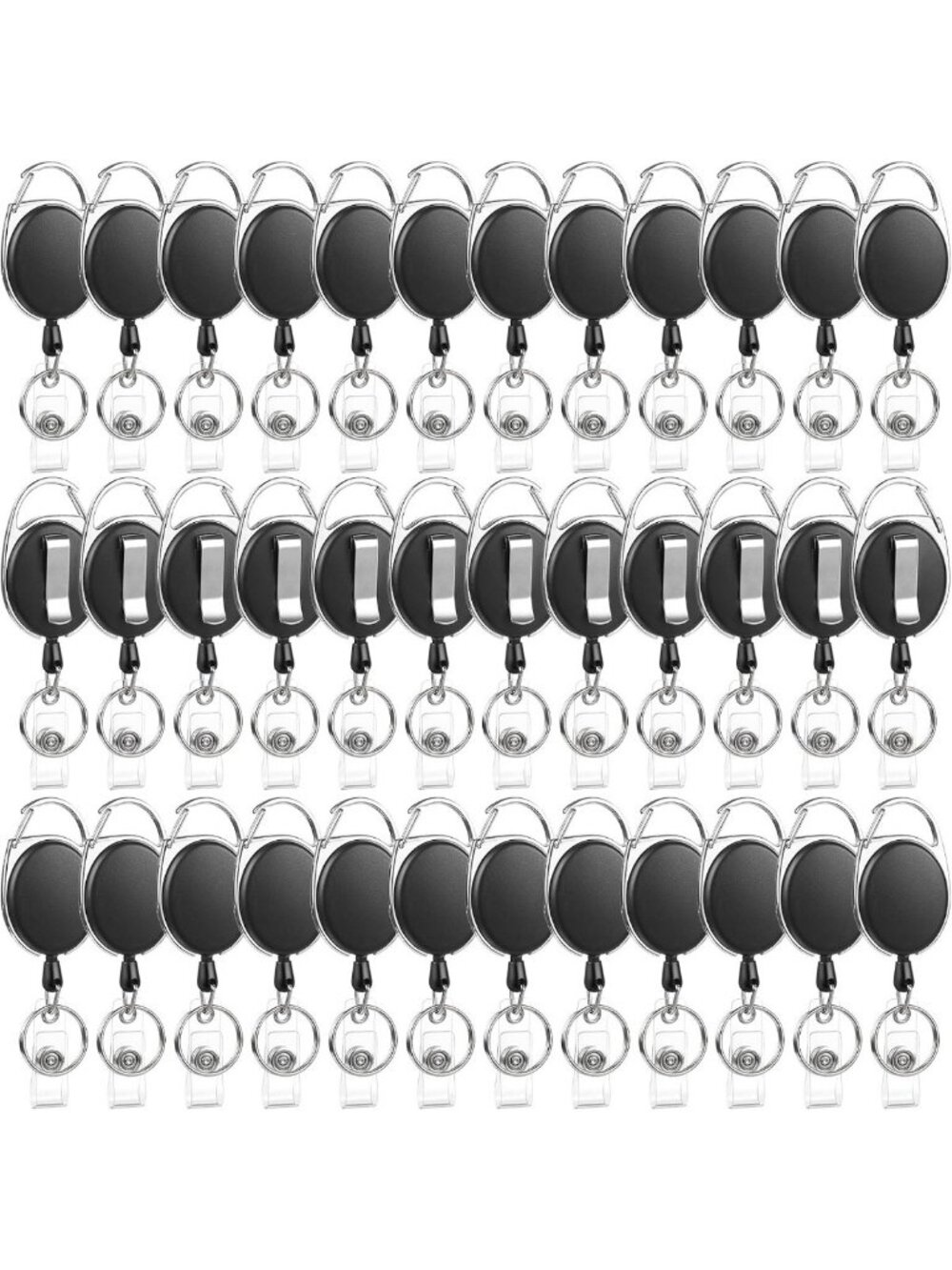 50 Pack Retractable Badge Reels with Carabiner Clip & Key Ring - ID Holder Set